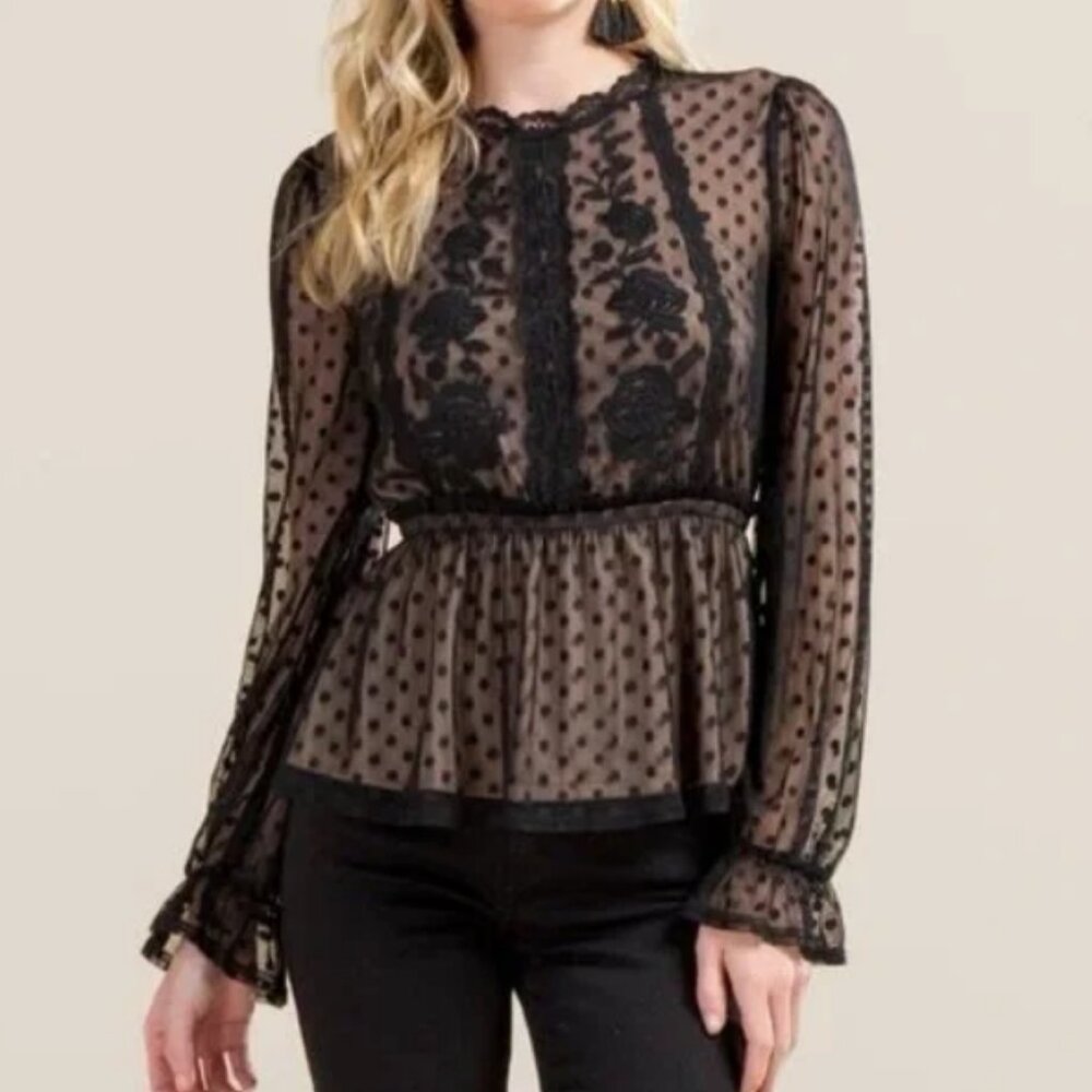 Blue Rain black lace peplum long sleeve top Whimsy goth  Romantic size medium